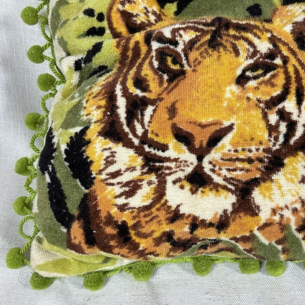 VTG 70s 80s Tiger Panther Throw Pillow Pom Pom Fringe Jungle Soft Handmade EUC